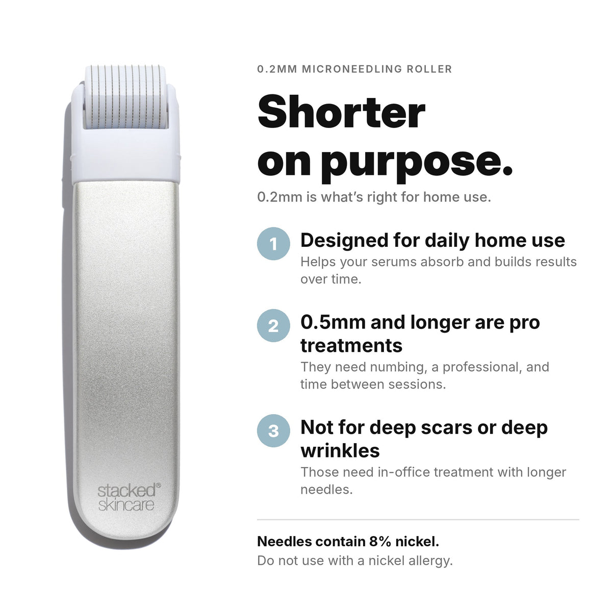 Why 0.2mm microneedling: designed for daily home use; 0.5mm and longer are pro treatments. Needles contain 8% nickel.