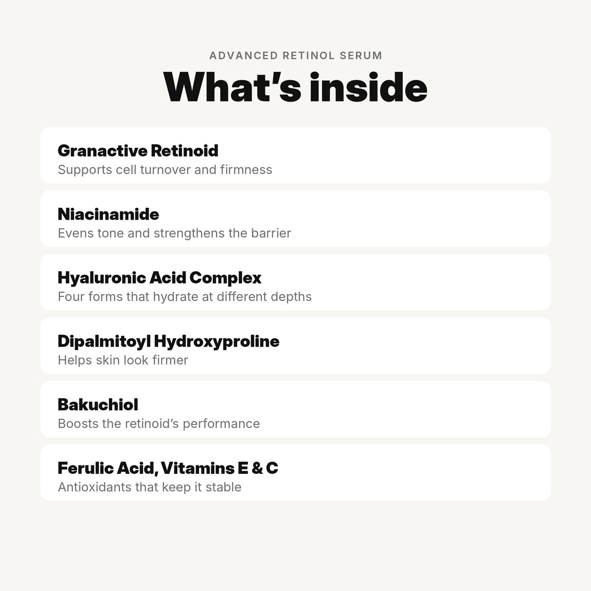 Key ingredients in Advanced Retinol Serum: granactive retinoid, niacinamide, hyaluronic acid complex, dipalmitoyl hydroxyproline, bakuchiol, ferulic acid and vitamins E and C.