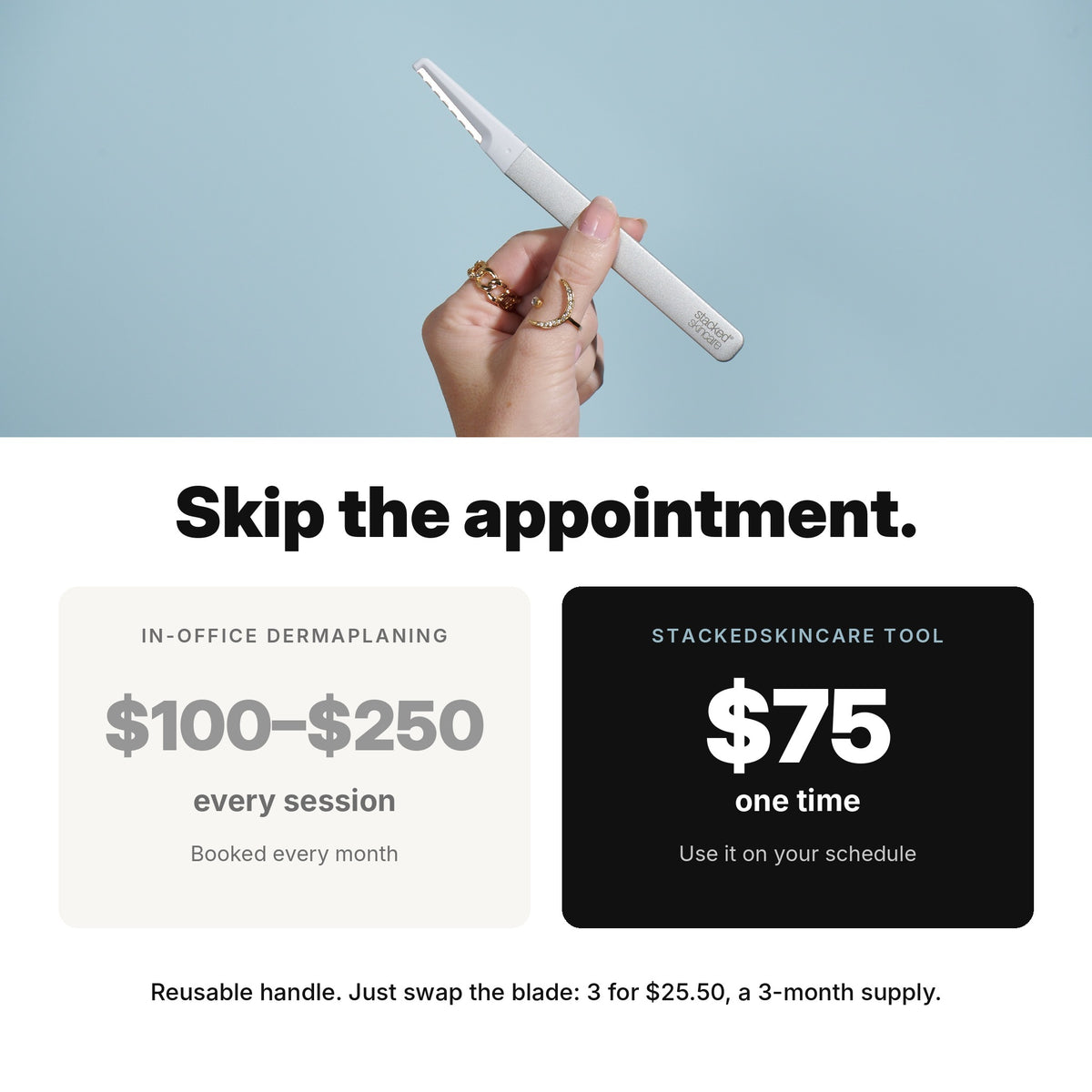 Price comparison: in-office dermaplaning costs $100–$250 per session vs. the StackedSkincare Dermaplaning Tool at $75 one time.