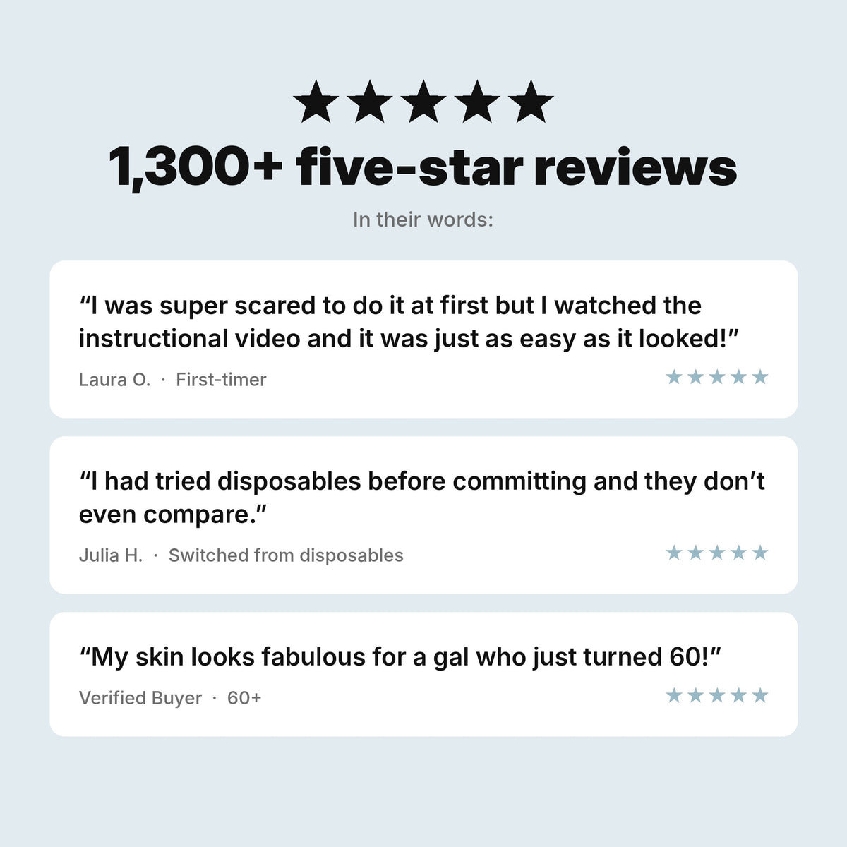 1,300+ five-star reviews for the StackedSkincare Dermaplaning Tool, with customer quotes about being nervous at first, switching from disposables, and results at 60.